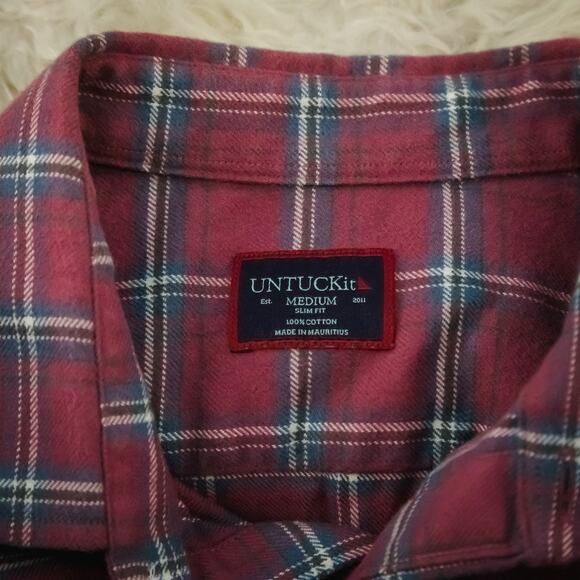 Untuckit Size Medium M Washed Red Barnwood Plaid Flannel Slim Fit Button Shirt - Picture 3 of 6